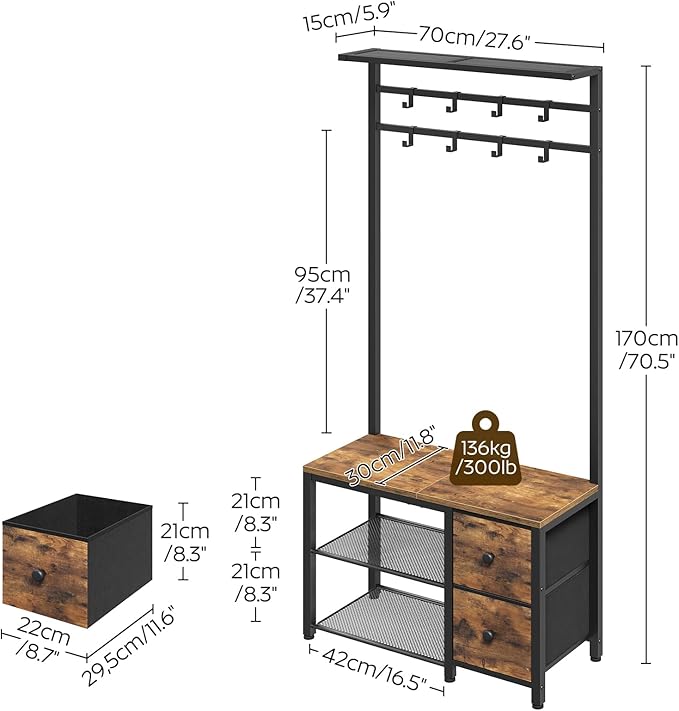 5-in-1 Hall Tree with Drawers, Entryway Bench with 8 Adjustable Coat Rack and Shoe Storage, Industrial Coat Rack with Bench for Entryway and Front Door, Rustic Brown and Black MT06BR