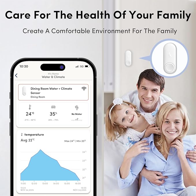 Water Leak Detector+Climate Sensor,Hygrometer Thermometer with App Notifications,Wireless 2.4G WiFi,Humidity Temperature Alarm,for Home, Basement, Kitchen,Washroom,Bedroom