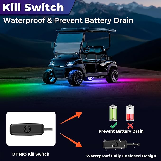 12PCS 12V-72V Golf Cart Lights, RGB Led Underglow Light Kit with 2 Remotes and App Control, Voltage Converter, Waterproof, Sound Active, Battery Drain Protect Kill Switch Golf Cart Underglow Lights
