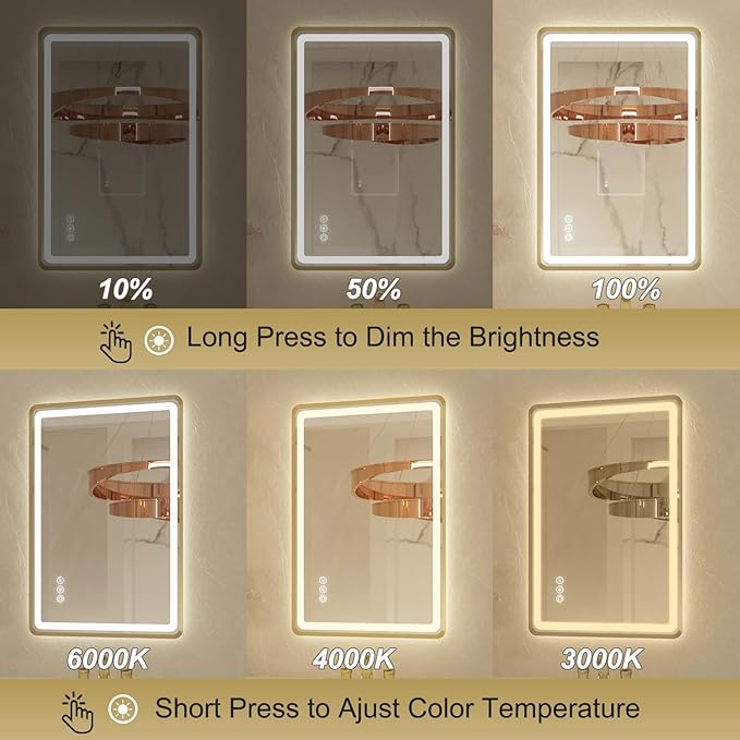 24x36 Inch LED Bathroom Mirror with Gold Metal Frame, Front and Backlit Vanity Mirror, Stepless Dimmable Wall Mirrors with Anti-Fog, 3 Colors, Memory Function, Waterproof, LED Smart Bathroom Mirror