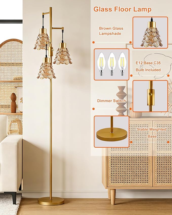 Glass Floor Lamps for Living Room, 67'' 3-Light Dimmable Floor Lamp with Brown Glass Shade& E12 Bulbs Included, Mid Century Standing Tall Lamp for Bedroom/Sofa Beside/Corner Decor-Gold