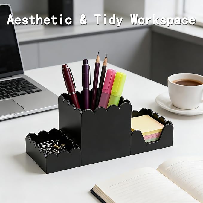 YAGELI Black Acrylic Desk Organizer Set of 3, Magnetic Modular Pen Holder with Sticky Notes & Paperclip Tray, Aesthetic Desk Accessories for Home Office & Minimalist Decor