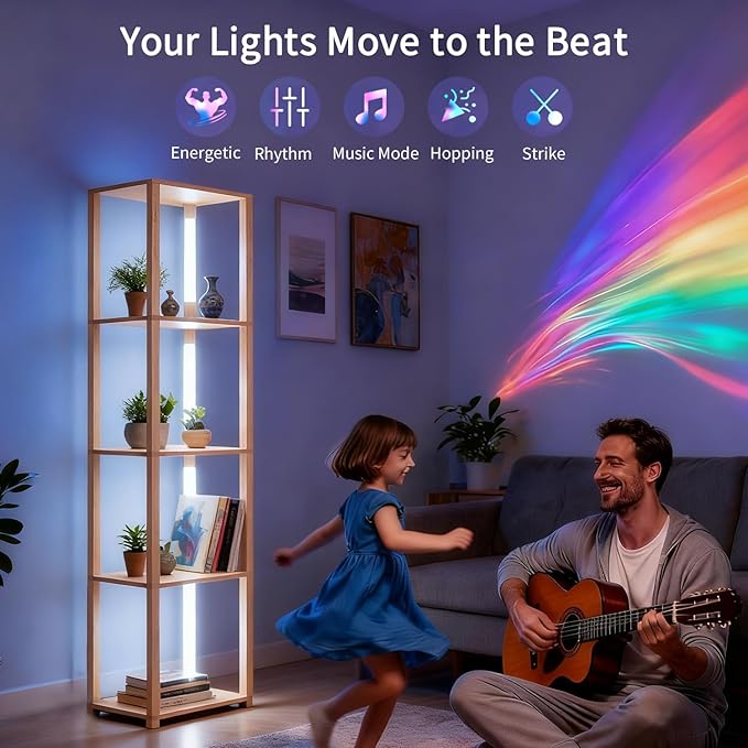 RGBCW Floor Lamp with Shelves, Smart Modern Floor Lamp with Music Sync, LED Color Changing Corner Display Shelf Lamp, Tall Lamps for Living Room and Bedroom, Bookshelf Lamp