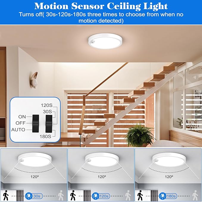 Motion Sensor Ceiling Light Wired, LED Flush Mount Ceiling Light Fixture 18W/1600LM, Motion Sensor Light Indoor for Stair Closet Porch Hallway Laundry, Time Dimmable Ceiling Lights 3000k/4000k/6000k