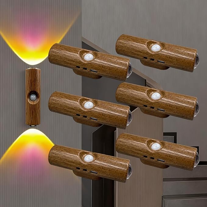 Rechargeable Smart LED Motion Sensor Ambient Light, Punch-Free Color Changing Motion Sensor Light for Stairs, Wardrobe, Cabinet (6Pcs,Wood, 7-Color Changing)