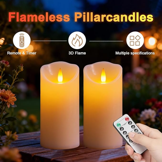 Rechargeable Flameless Candle, Realistic 3D Flickering Warm Flame, LED Candle with Remote Control & Timer for Holiday, Wedding, Patio and Home Decoration(Set of 2)
