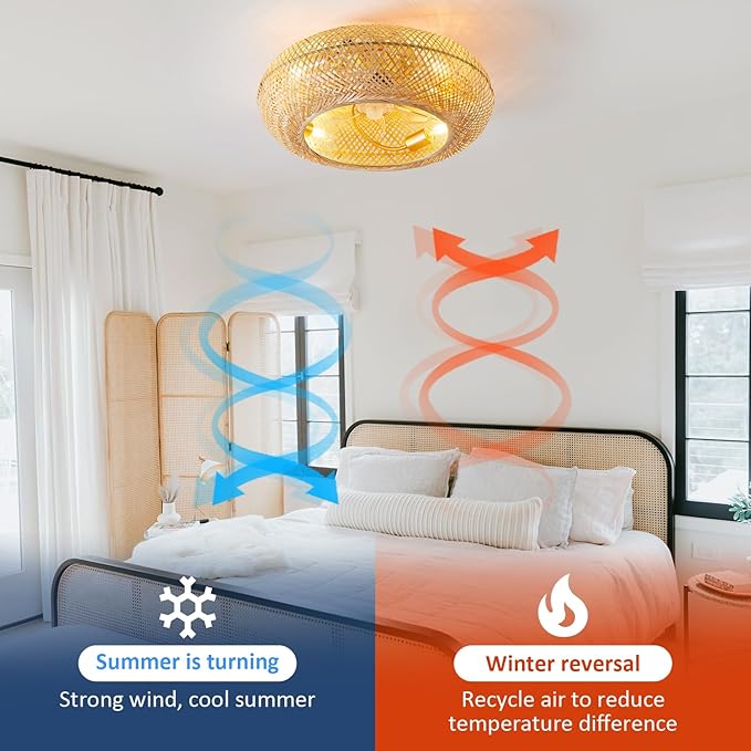 20" Boho Ceiling Fans with Lights,Rattan Caged Flush Mount Ceiling Fan with Light, Enclosed Timing 6 Speeds Reversible for Living Room Bedroom Dining Room