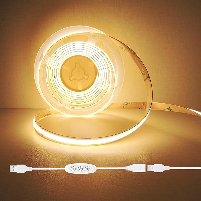 USB Light Strip Warm White 3000k CRI92+ 5v Small Cuttable COB Led Strip Light with Dimmer Switch, 10Watt/6 ft for TV Backlight,Cabinet,Bedroom,Indoor DIY Lighting Project