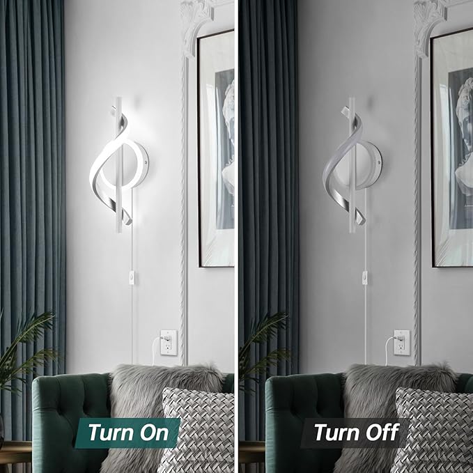 LED Wall Sconces Indoor, 12W Plug In Wall Sconces Set of 2, Modern Spiral Wall Lamp, Bedside Wall Lamps, 6000K Cold White Wall Light Fixture for Bedroom Stairs Living Room Hallway (Cold White, White)