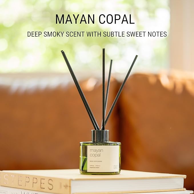 Craft & Kin Mayan Copal Reed Diffuser | All Natural Essential Oil & Rattan Scent Sticks | Winter Reed Diffusers for Home, Bathroom | Long Lasting Home Fragrance in Green Glass, 3.4oz