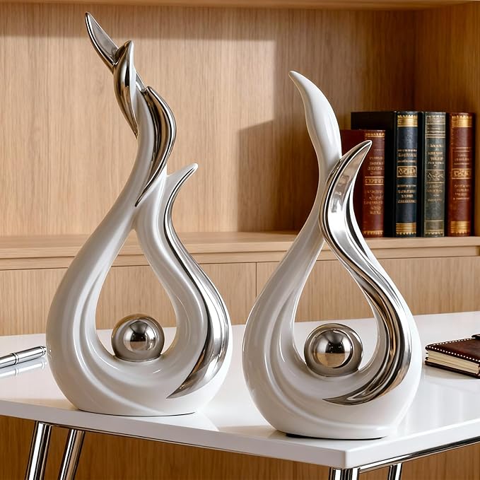 White and Silver Abstract Ceramic Sculptures 2 Set,Modern Home Decor Dining Table Objects,Silver Room Decor for Coffee Table, Shelf, Dining Room, Kitchen, Tv Stand, Entryway Or Desktop Display