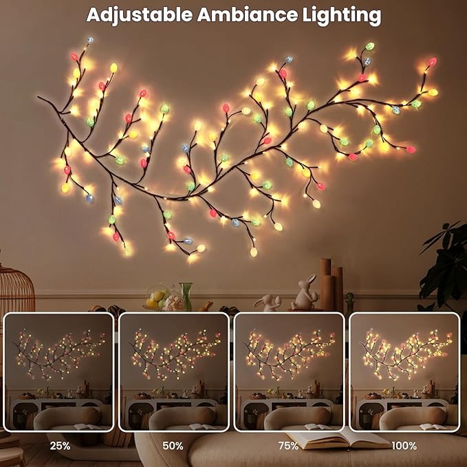 Easter Egg LED Tree Branch Lights for Wall,Easter Egg Willow Vine Twig Decor,USB Interface,with 144 LED Lights and Remote,8 Lighting Modes,for Home,Walls,Doors Windows (90inch)