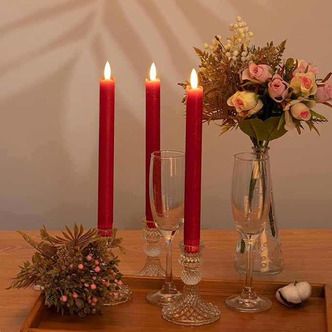 Flameless Taper Candles with Remote Timer, 9.6" Red Real Wax Flickering Battery Operated Warm Light Electric LED Candle, Perfect for Christmas Party Wedding Decoration (6 Pack)