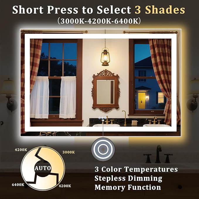 36"x24" Smart LED Bathroom Mirror - Dimmable Brightness, Backlit & Frontlit Lighting, 3 Color Modes, Anti-Fog, Memory Function, Wall Mounted Lighted Vanity Makeup Mirror