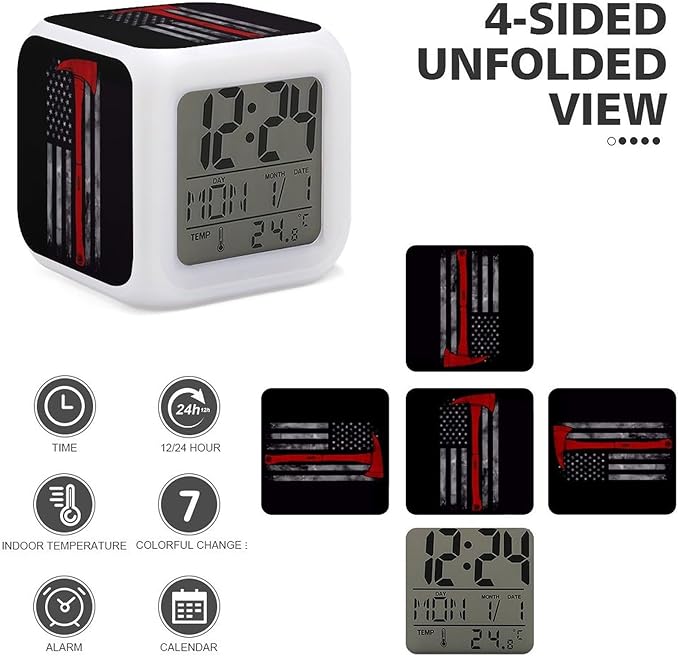 Firefighter Axe Red Line Flag Alarm Clock,Digital Temperature Display Color-Changing Alarm Clock LED Display Screen Mini Clocks for Office Living Room Bedroom