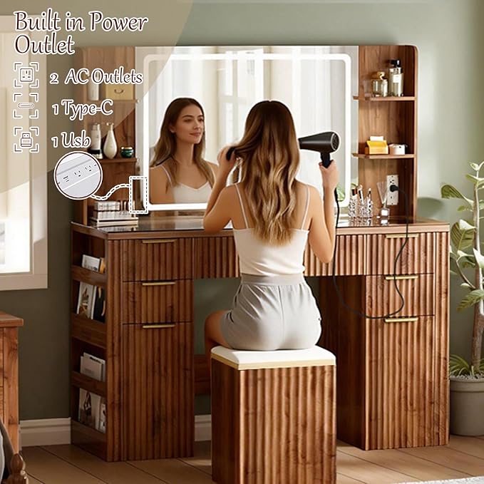 47.2" Fluted Makeup Vanity Desk with Large 28.7" Mirror and Lights, 5 Drawer Vanity with Power Strip, 6 Open Shelves, 2 Cabinet, Modern Bedroom Vanity Featuring Visual Transparent Glass. Walnut