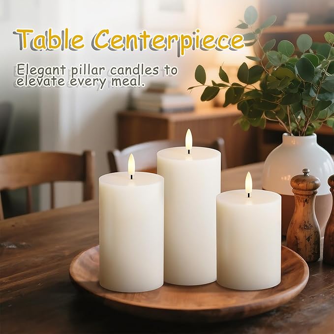 Flameless Pillar Candles with Remote, 3 Pack Battery Operated Real Wax LED Candles, LED Candle that Perfect for Home Decorations Fireplace Table, White