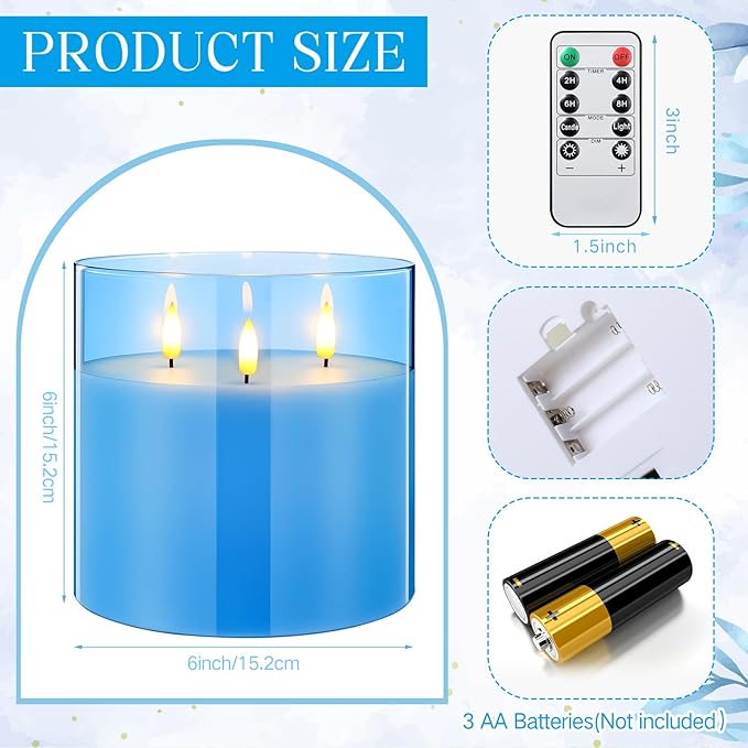 Retisee 6'' x 6'' Extra Large Flameless Candles, 3 Wick Glass Large Candles with Remote Control and Timer Function, Real Wax LED Pillar Flickering for St. Patrick's Spring Party Decor(Blue,1 Pcs)