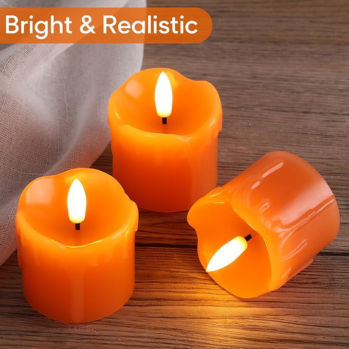 Eywamage Orange Dripping Wax Flameless Votive Candles with Remote Batteries, 2x2 inch Small LED Pillar Candles Set of 6