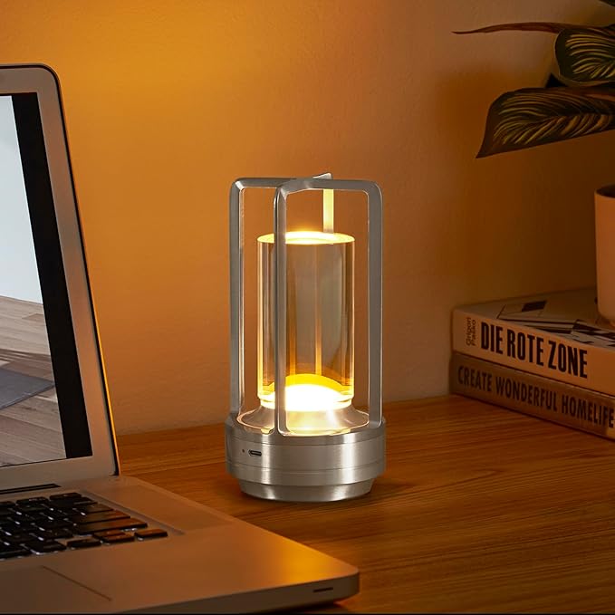 Small Table Lamp, Rechargeable Cordless Battery Operated LED Lamp, 3-Color Temperatures Dimmable Nightstand Lamp for Living Room, Bedroom, Outdoor Battery Powered Portable Touch Lamp (Silver)