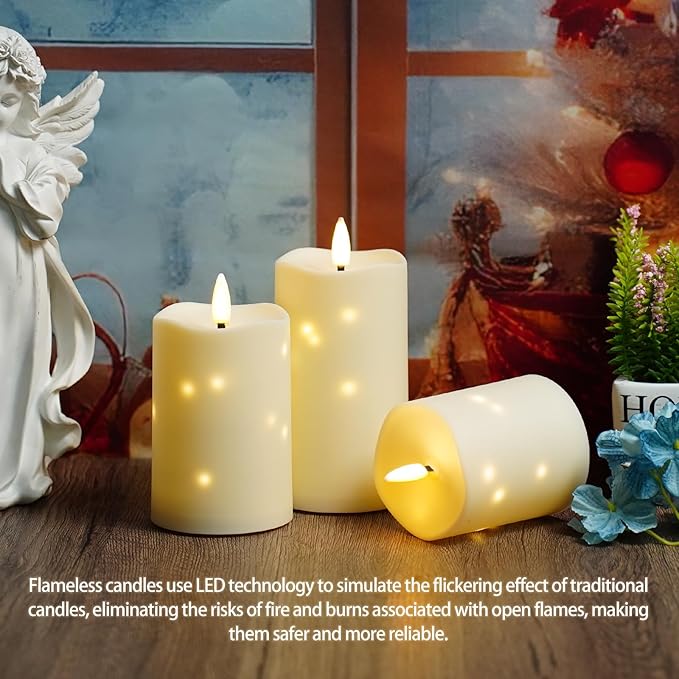 Flameless Candles Embeded Twinkle Starlight, Waterproof LED Flameless Candles with Remote, Plastics Realistic Pillar Candles for Home Decor, Outdoor Garden, Patio Decor 3pcs(Ivory)