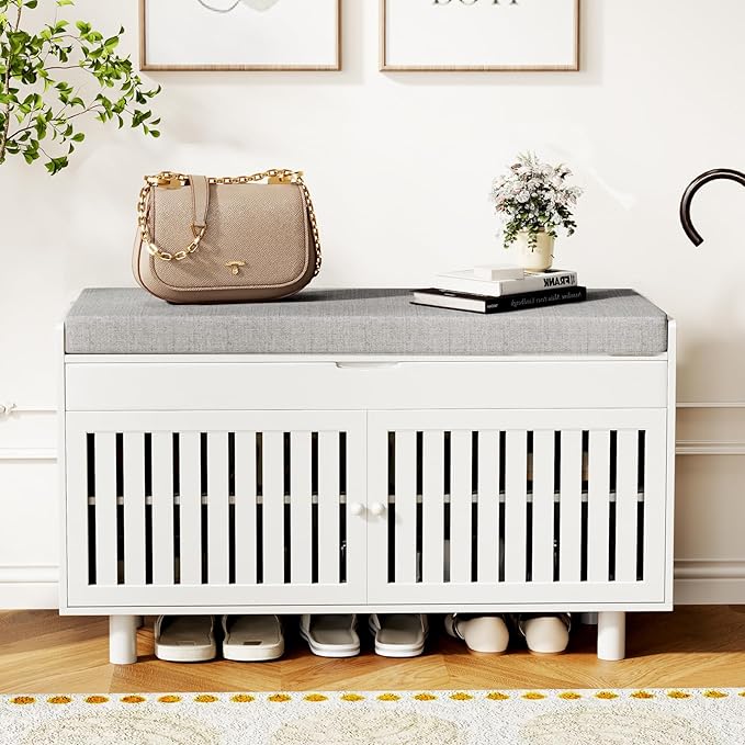 35.4in Shoe Bench with Storage, Bamboo Entryway Bench with Lift Top Hidden Storage & Padded Seat, 2 Doors 2-Tier Narrow Shoe Rack Cabinet Organizer for Hallway Mudroom Bedroom, White