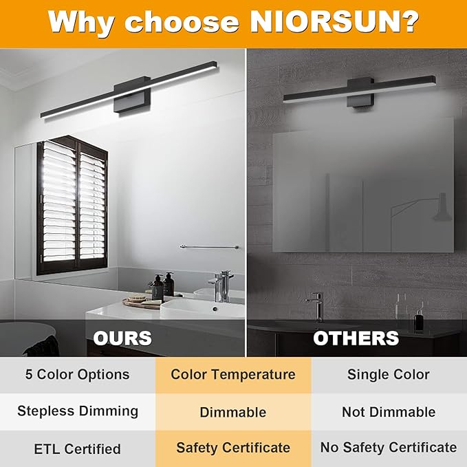 NIORSUN 48 inch Black Bathroom Vanity Light,30W 5CCT Dimmable LED Bathroom Lighting Fixtures Over Mirror, Modern Vanity Lights for Restroom Mirror- ETL Certified