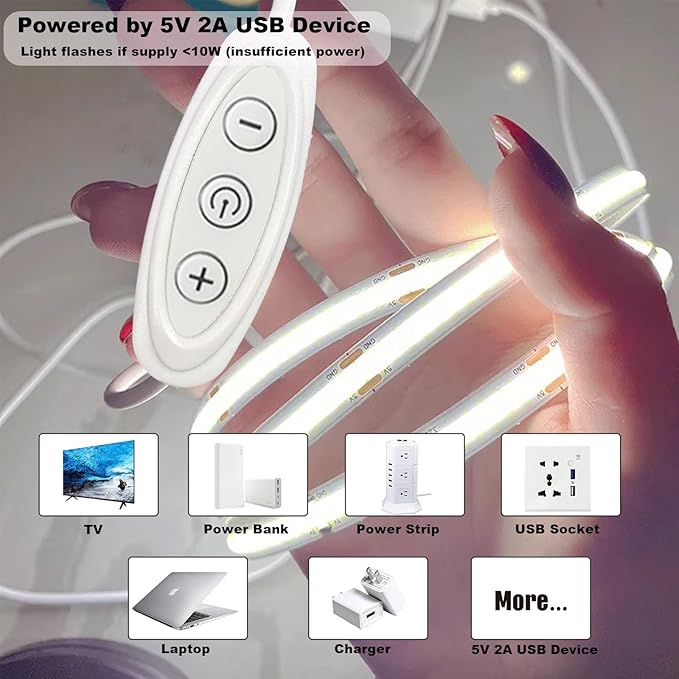5v COB Led Strip Lights USB Powered 6000k White CRI93+ 6ft Dotless Led Tape Light with Dimmer, Flexible & Cuttable Dimmable COB Strips for Sewing Machine 3D Printer TV DIY Cabinet Lighting