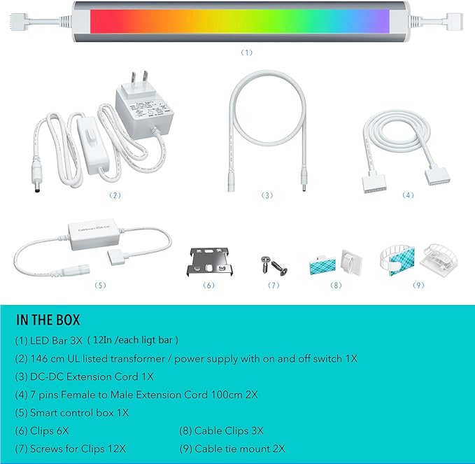 LAMPAOUS LED Under Counter Lights Fixtures for Kitchen,Smart Cabinet Lighting Strips Plug in Compatible with Alexa,Google Assistant,App,RGB Color Changing & White Dimmable,12Inch Linkable,Bright,3pcs