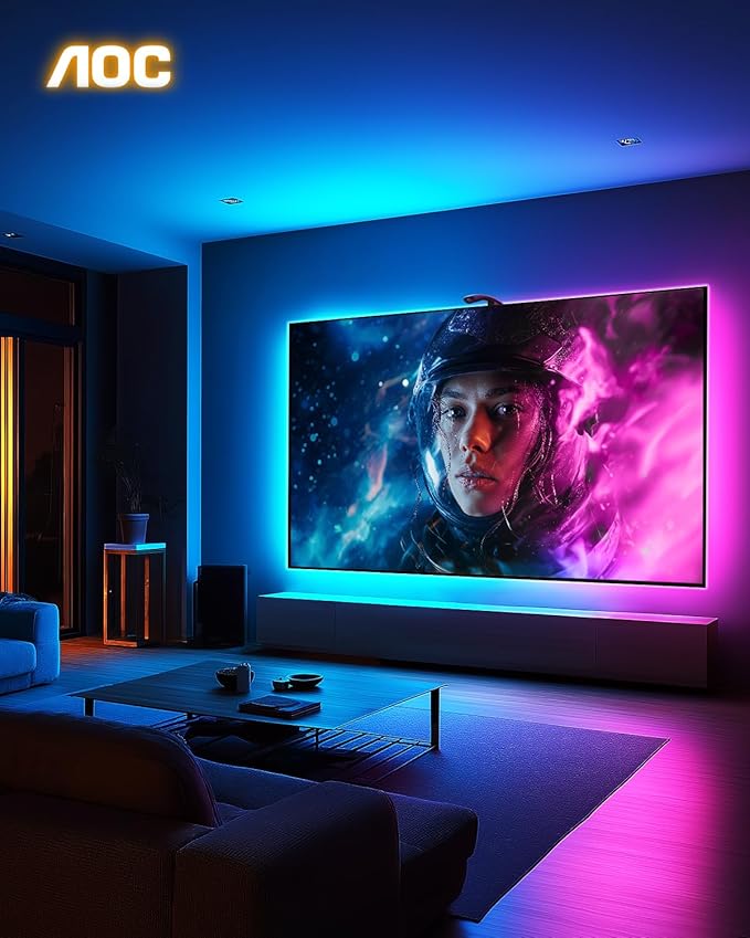 AOC TV Backlight Sync to Screen, Behind TV LED Changing Lighting for 75-85 Inch TVs, RGB LEDs Strip Lights with Sensor for Home Decorations Smart App Control, Movie Game Music & DIY Mode, 18.0FT