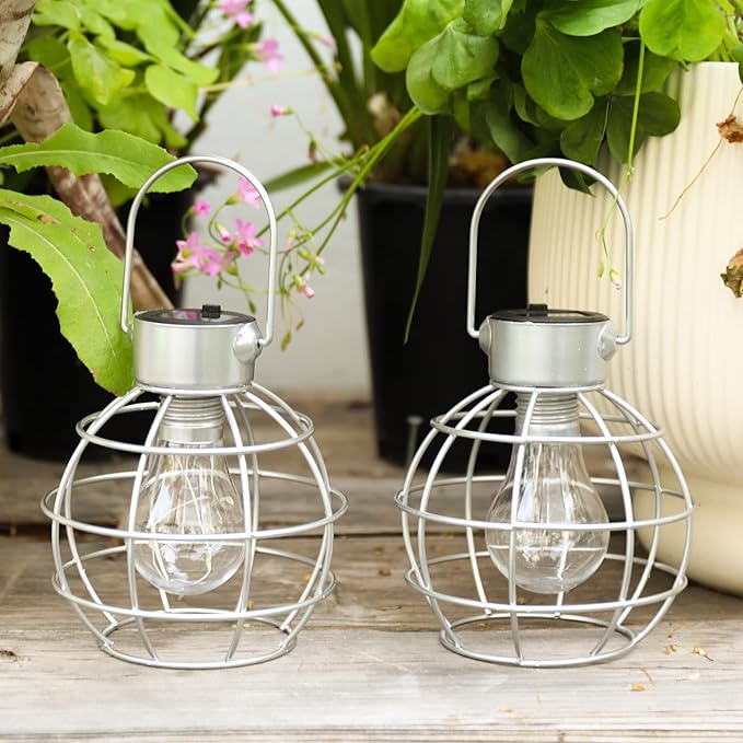 MUMTOP 2 Pack Solar Lanterns Outdoor Lights, Metal Solar Outdoor Lantern Waterproof Decorative Hanging Light for Yard Lawn Porch Garden Patio Pathway Decor, Grey