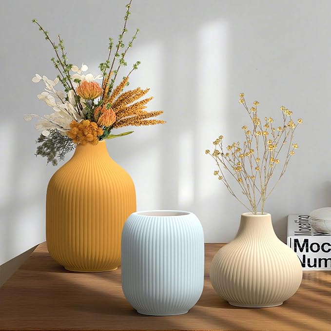 Set of 3 Small Matte Vibrant Ceramic Vases in Light Blue, Mustard Yellow and Beige - Modern Minimalist Ribbed Decor for Centerpiece, Farmhouse Living Room, Kitchen Shelf, Gift Idea