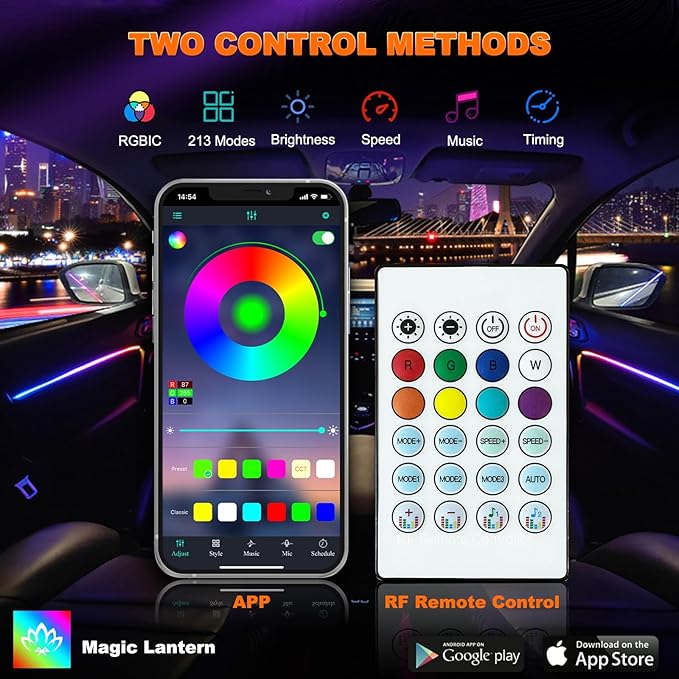 Interior Car LED Strip Lights, Acrylic LED Lights for Car with Dynamic Dreamcolor Chasing, Ambient Lighting Kits Music Sync Wireless APP and RF Remote Control (8 in 1)
