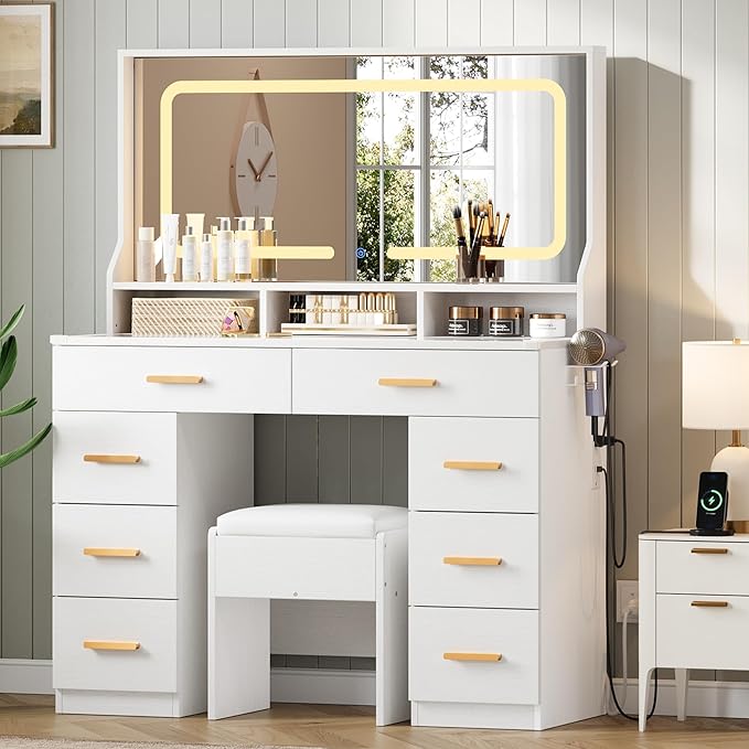IDEALHOUSE Vanity Desk with Mirror and Lights, Makeup Table with Glass Top & 8 Drawers, 3-Color LED Mirror, Power Outlets & USB, Hair Dryer Holder, Stool Included, Dressing Table Set for Bedroom