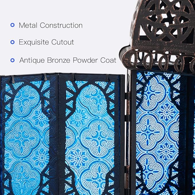 DECORKEY Vintage Candle Lantern, 12.8’’ Moroccan Style Decorative Metal Hanging&Tabletop Lantern, Ramadan Christmas Candle Holder Decorations for Home Outdoor Patio (Blue)