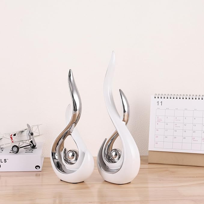 2PCS Abstract Art Ceramic Sculptures, Modern Decor Figurines for Living Room Decorative Objects, Sculptures Home Decor Set for Table, TV Stand, Entryway, Bookshelf Display (White Silver)
