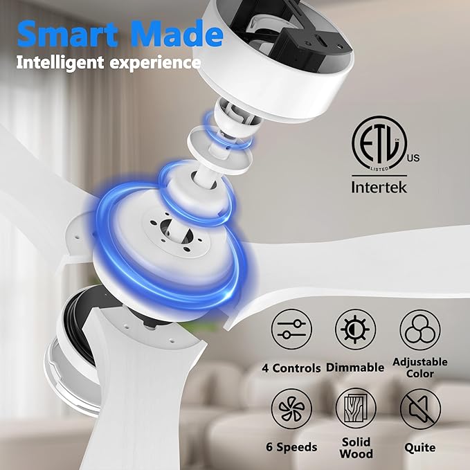 52 Inch Wood Smart Ceiling Fans with Lights Remote,Voice Control via WIFI Alexa App,Quiet DC Motor,Outdoor Indoor Ceiling Fan,Dimmable,Modern White Lighting & Ceiling Fan for Bedroom Patio Porch
