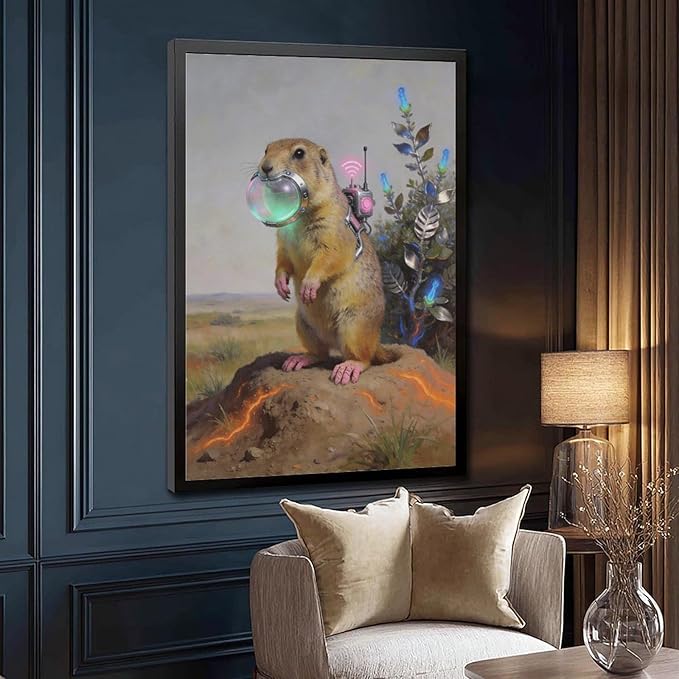 Framed Steampunk Mechanical Prairie Dog Wall Art - Retro-Futuristic Wilderness Poster for Living Room Game Room Decor 16x24in