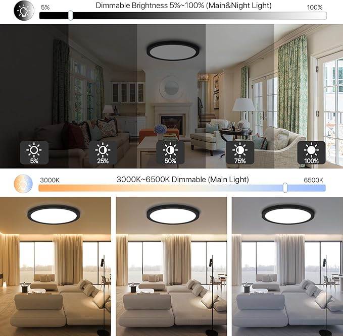 Dimmable LED Flush Mount Ceiling Light Fixture with Remote Control, 24W 2400LM, 12Inch, 2000K Warm Night Light & 3000K-6500K, Modern Super Slim Ceiling Lamp for Bedroom Kitchen, Black, 1 Pack