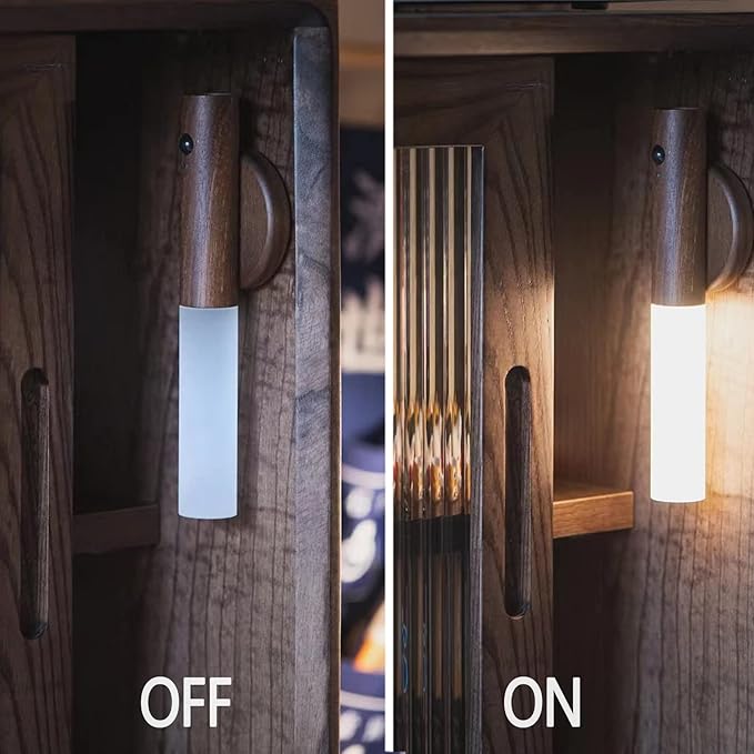 Motion Sensor Wall Lights Wood Battery Operated Sconce Light Indoor Magnetic USB Rechargeable Wireless Wall Lamp for Bedroom Hallway, Warm White 3000K