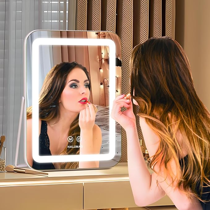 Vanity Mirror with Lights, 14.5" Light Up Makeup Mirror, LED Makeup Mirror with Lights for Bedroom Tabletop, Smart Touch Control 3 Colors Dimmable, 360° Rotation