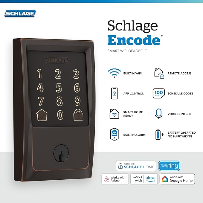Schlage Encode Smart Wi-Fi Deadbolt Lock with Touchscreen Keypad, Keyless Front Door Entry, App Control, Alexa, Google Home and Airbnb Compatible, Aged Bronze, BE489WB CEN 716