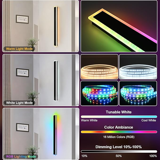 Outdoor Modern Wall Lights for Porch,2 Pack RGB Long Outdoor LED Wall Lights,48 inch Long Linear Outside Light Fixture,Dimmable Outside Wall Light for House,Enterway,Garage with Control Remote