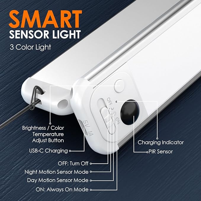 8.5" Under Cabinet Lighting 6 Pack, 3 Colors, Motion Sensor Light Indoor,48 LED Rechargeable Closet Lights, Dimmable Under Counter Lights, Stick-On Magnetic Cabinet Night Lights for Kitchen