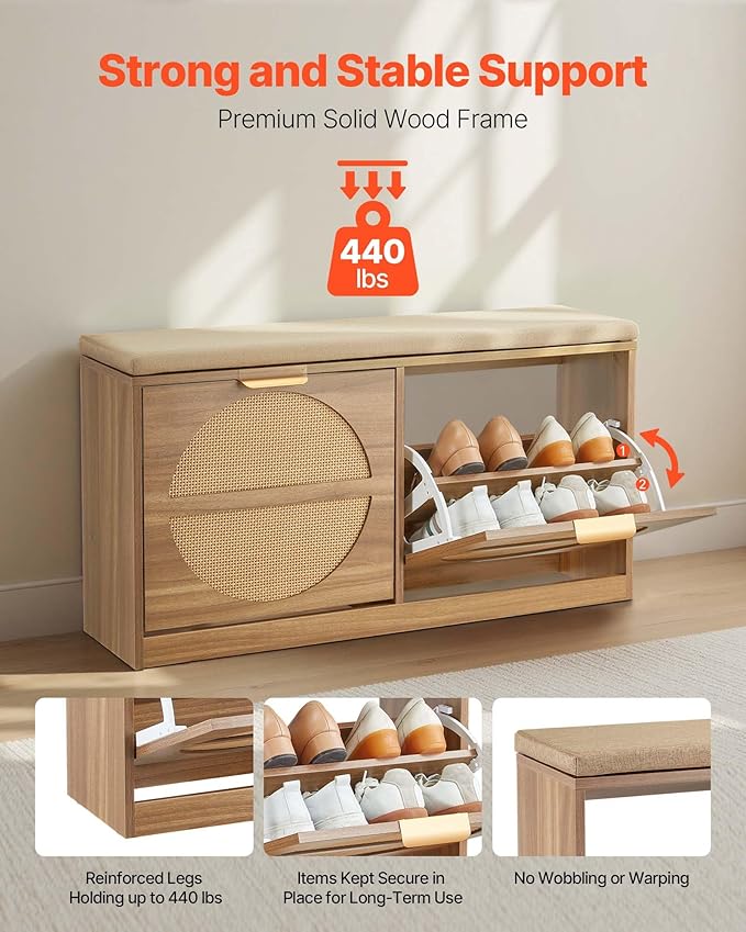 VEVOR Shoe Storage Bench, Rattan Entryway Bench with Coat Rack & Padded Cushion, Shoe Cabinet Holds up to 440 lbs, 38.9x 9.4x19.7 Inche for Hallway, Living Room, Bedroom