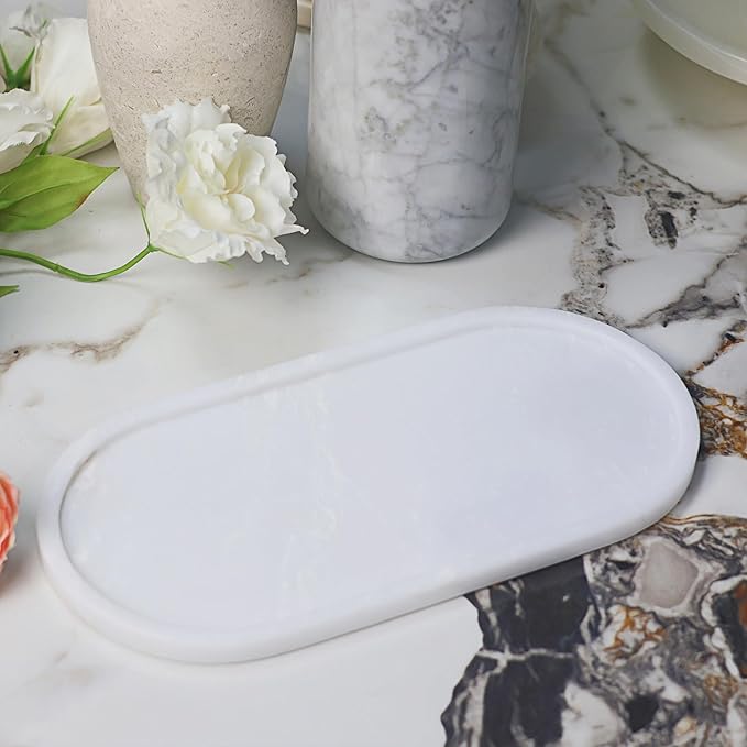 Marble Vanity Tray Organizer - 9.8"x5" Italy Natural Stone Decorative Tray，Jewelry, Perfume & Candle Display Tray，Bathroom Vanity, Dresser Top, Nightstand Decor