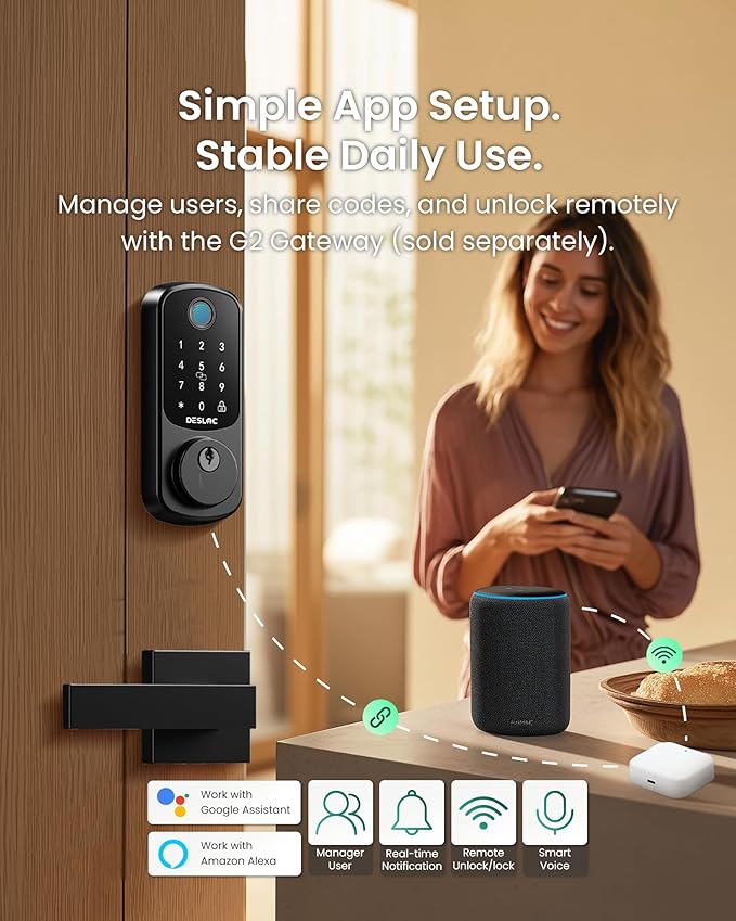 DESLOC B200 Fingerprint Smart Lock with 2 Lever Handles, Keyless Entry Front Door Lock Set, Electronic Keypad Deadbolt, App Control, Auto Lock, Long Battery Life, Secure Home Access