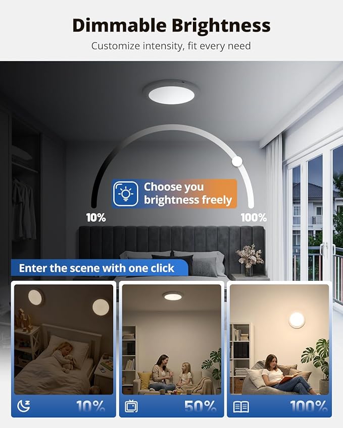 wowatt 10000mAh Rechargeable Ceiling Light with Remote, 3 Color Temperatures & Brightness Dimmable, Wireless Ceiling Light with Magnetic Design, Battery Ceiling Light for Shower Hallway Pantry
