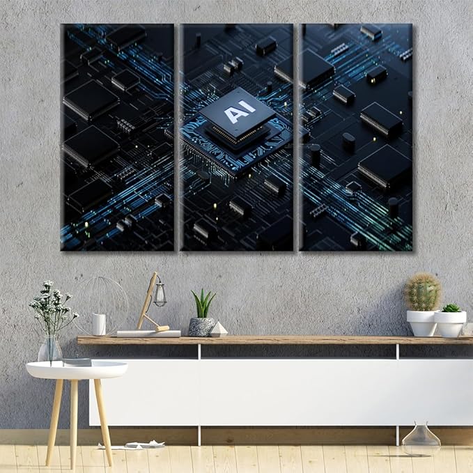 3 Pieces Artificial Intelligence Concept Canvas Paintings Computer Processors CPU Bedroom Wall Art Home Decor Bathroom Decor Wall Art Modern Artwork Ready to Hang for Living Room Office 60"Wx40"H