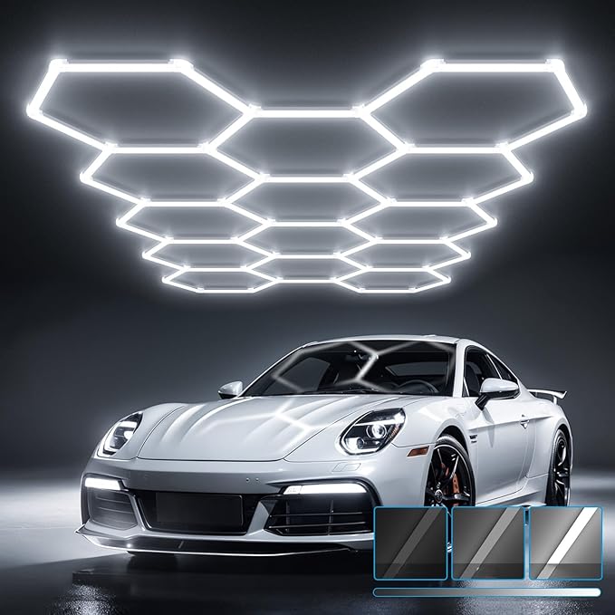 HYPERLITE Gen 2 Hexagon Garage LED Light, Upgraded 3 Level Dimmable 399W 39900LM Super Bright Garage Detailing Lights, 14 Grids Hex Shop Lights, Hexagon LED Lights for Basement, Car Detailing, Gym